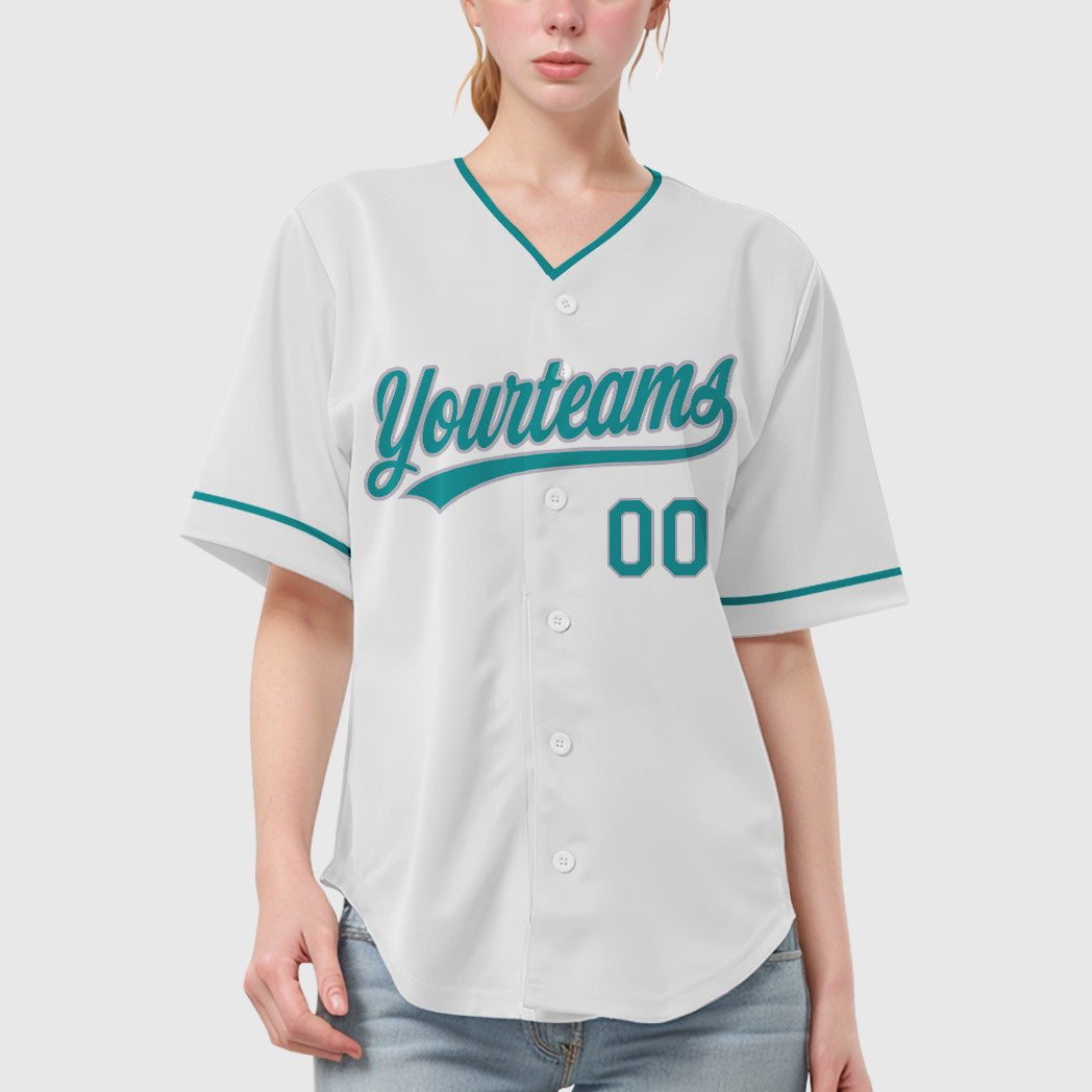 Custom White Teal Gray Collar Sleeve Baseball Jersey