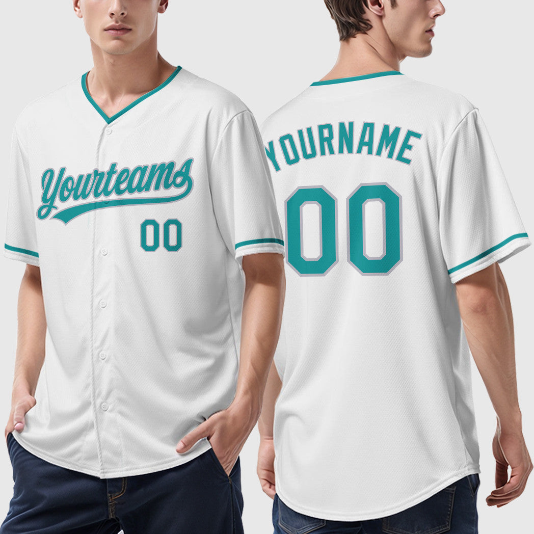 Custom White Teal Gray Collar Sleeve Baseball Jersey