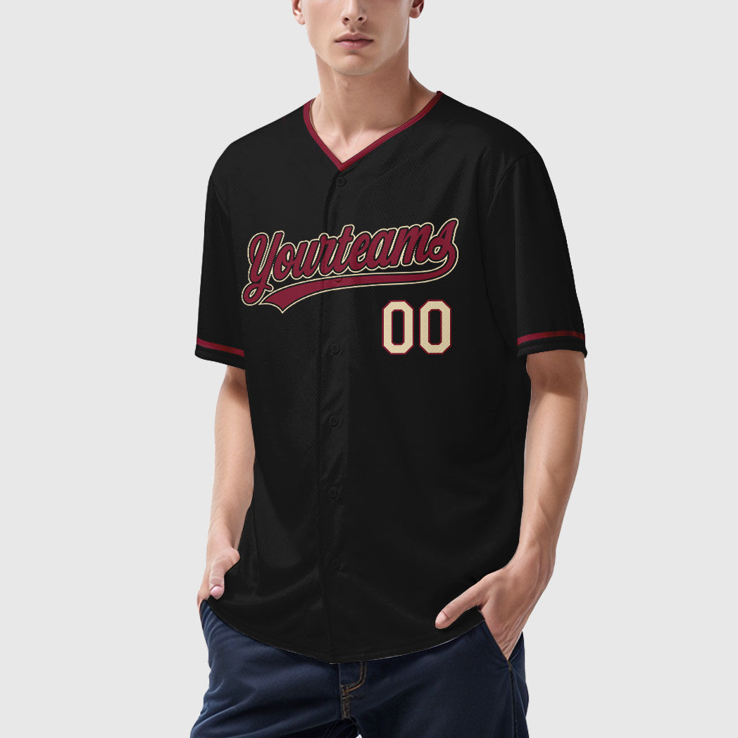 Custom Black Cream Crimson-Cream Collar Sleeve Baseball Jersey