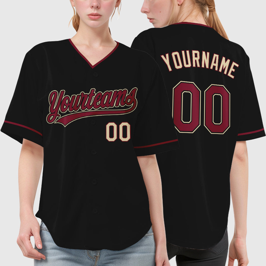 Custom Black Cream Crimson-Cream Collar Sleeve Baseball Jersey