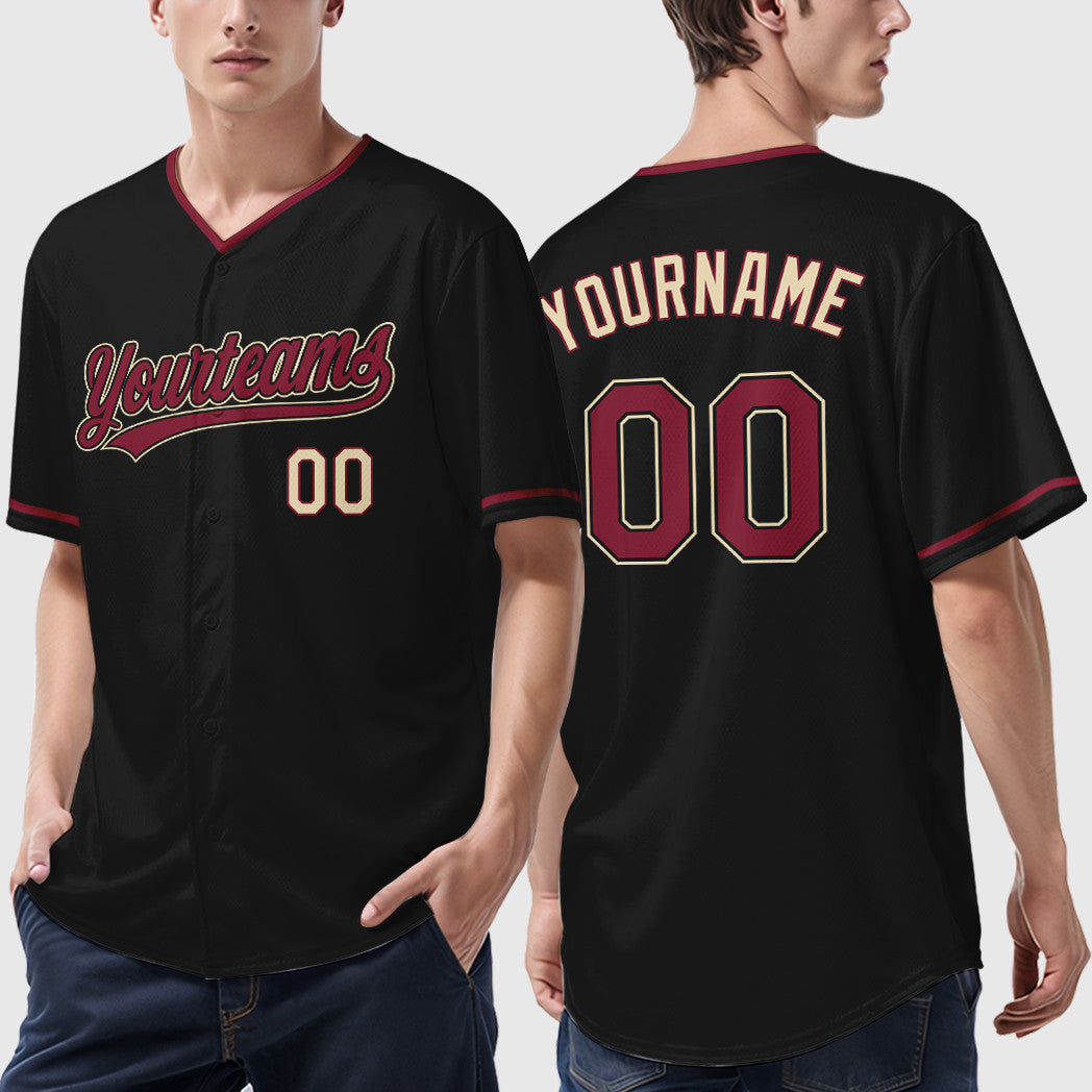 Custom Black Cream Crimson-Cream Collar Sleeve Baseball Jersey