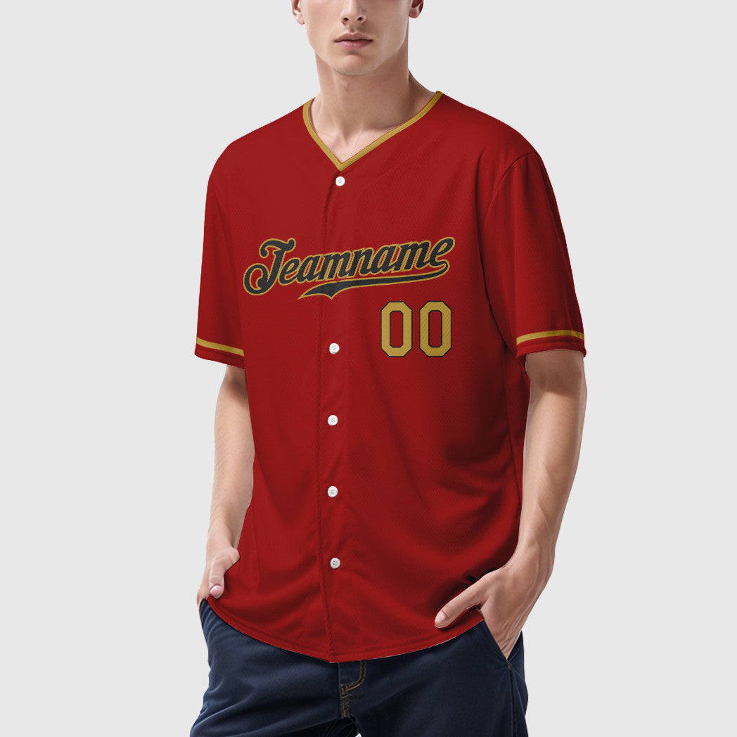 Custom Red Black Old Gold Collar Sleeve Baseball Jersey