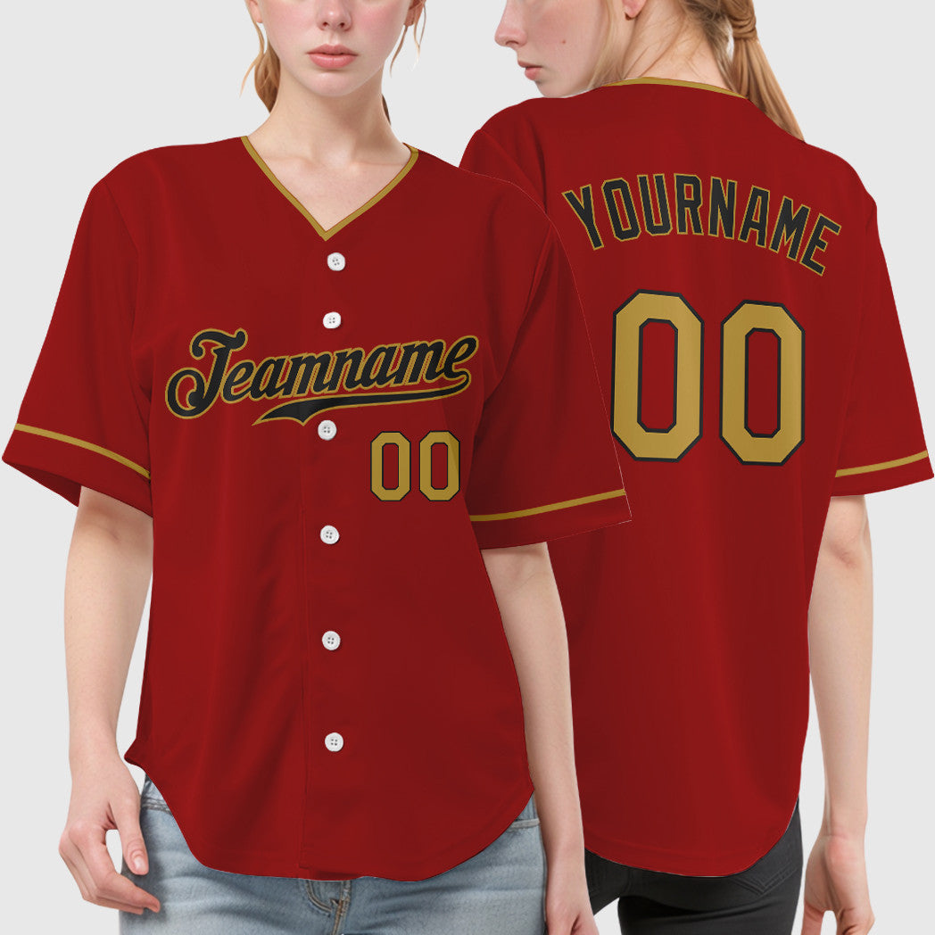 Custom Red Black Old Gold Collar Sleeve Baseball Jersey