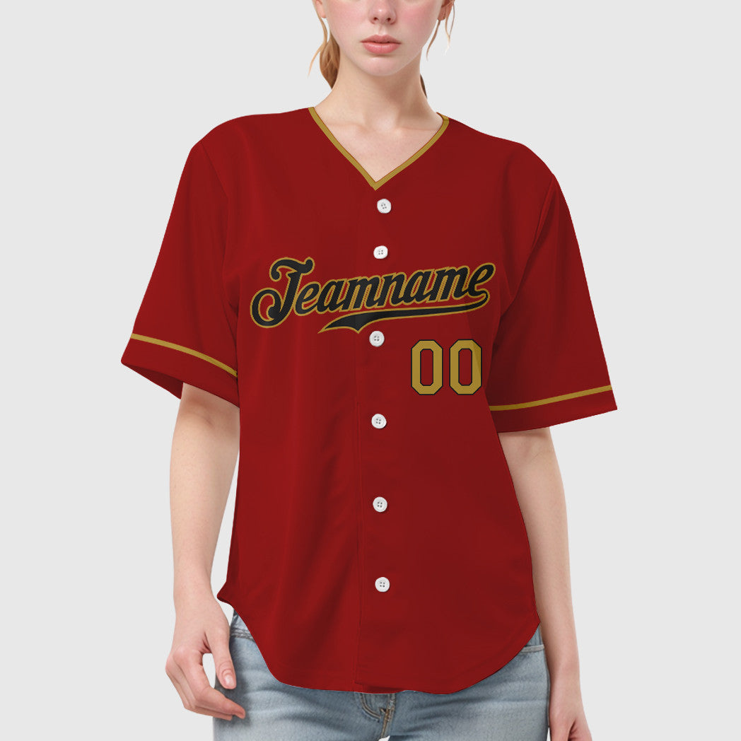 Custom Red Black Old Gold Collar Sleeve Baseball Jersey