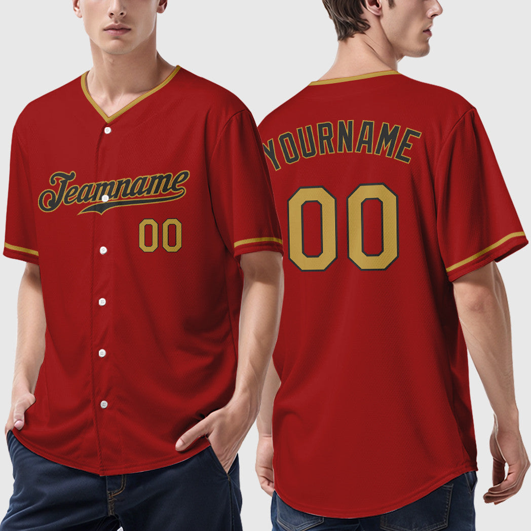 Custom Red Black Old Gold Collar Sleeve Baseball Jersey