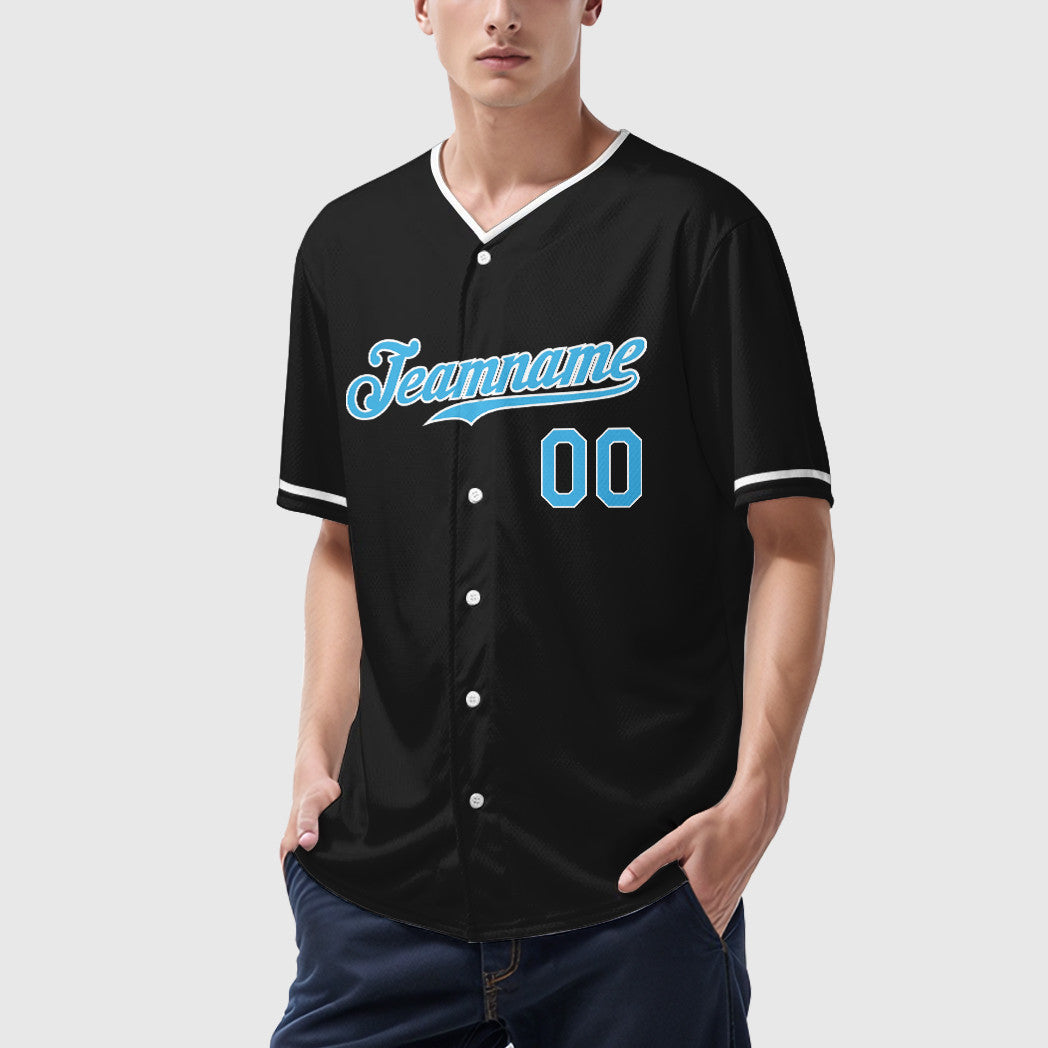Custom Black White Pinstripe-Sky Blue Collar Sleeve Baseball Jersey