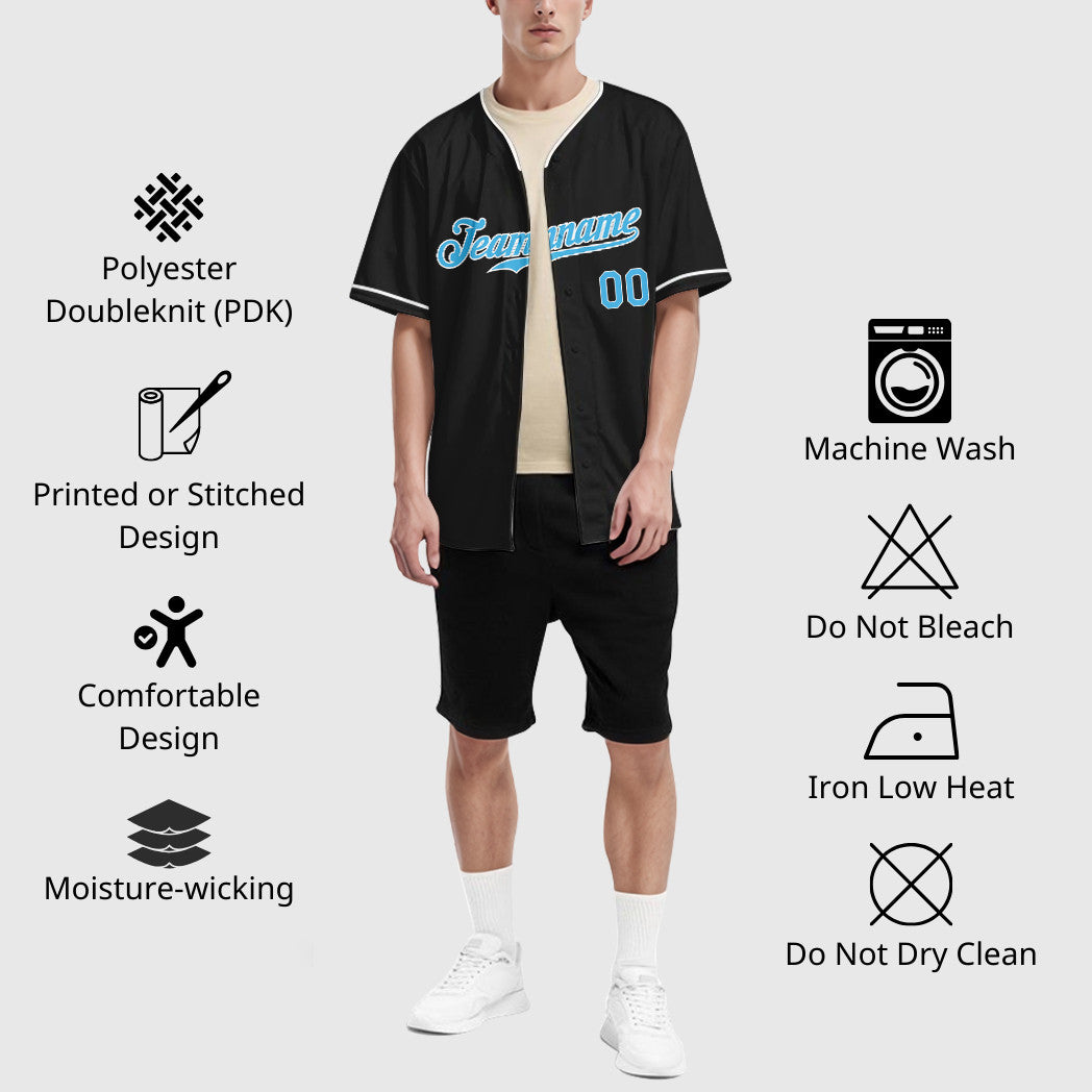 Custom Black White Pinstripe-Sky Blue Collar Sleeve Baseball Jersey