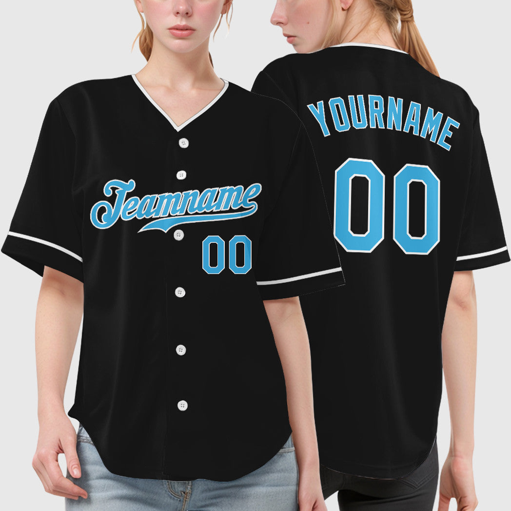 Custom Black White Pinstripe-Sky Blue Collar Sleeve Baseball Jersey