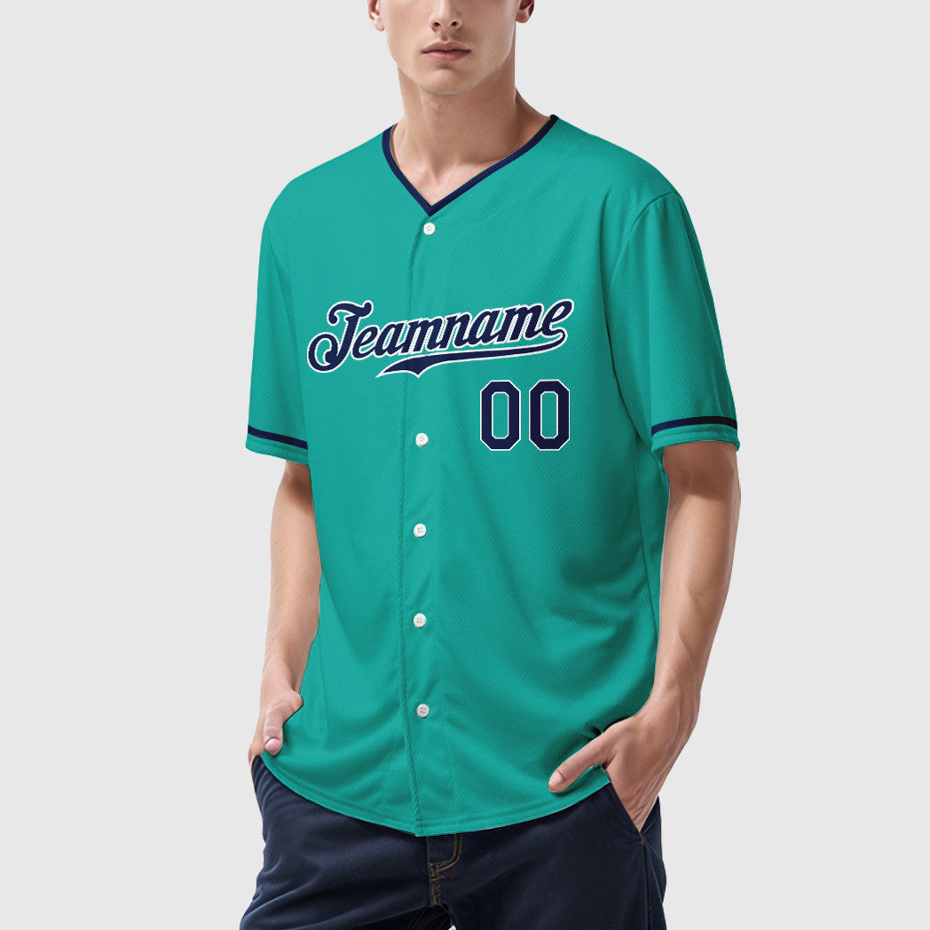 Custom Aqua White Navy Collar Sleeve Baseball Jersey