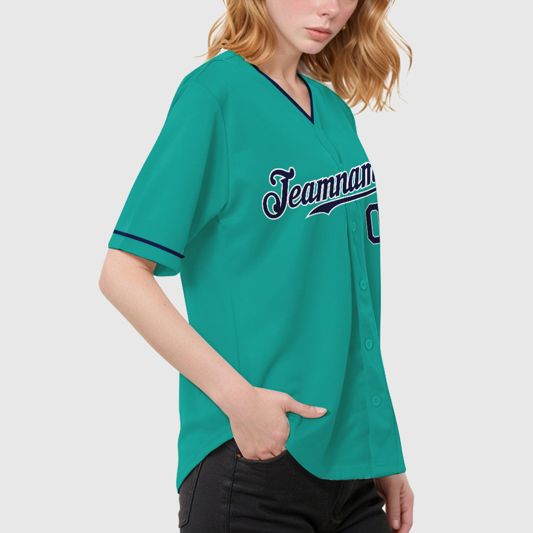 Custom Aqua White Navy Collar Sleeve Baseball Jersey