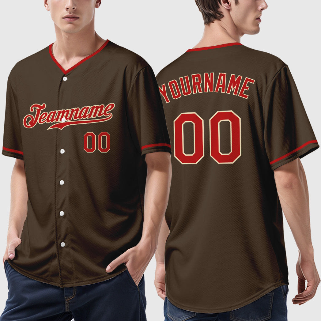 Custom Brown Cream Red-Cream Collar Sleeve Baseball Jersey