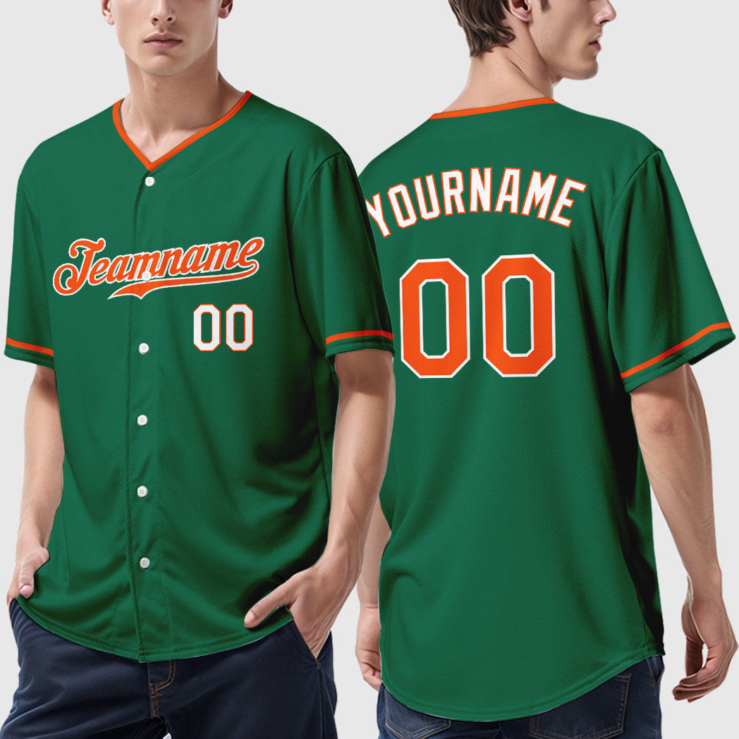 Custom Kelly Green White Orange-White Collar Sleeve Baseball Jersey