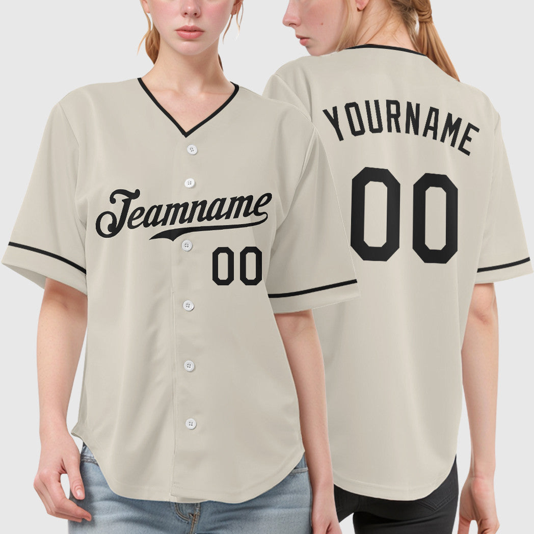 Custom Cream Black Black Collar Sleeve Baseball Jersey
