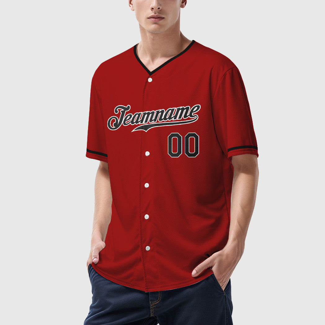 Custom Red White Black Collar Sleeve Baseball Jersey