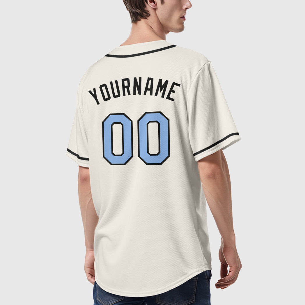 Custom Cream Light Blue Black Sleeve Baseball Jersey