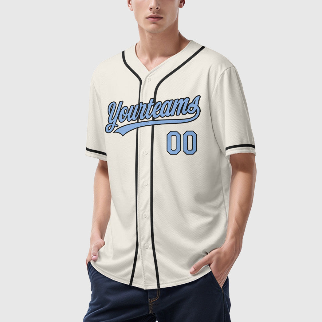 Custom Cream Light Blue Black Sleeve Baseball Jersey