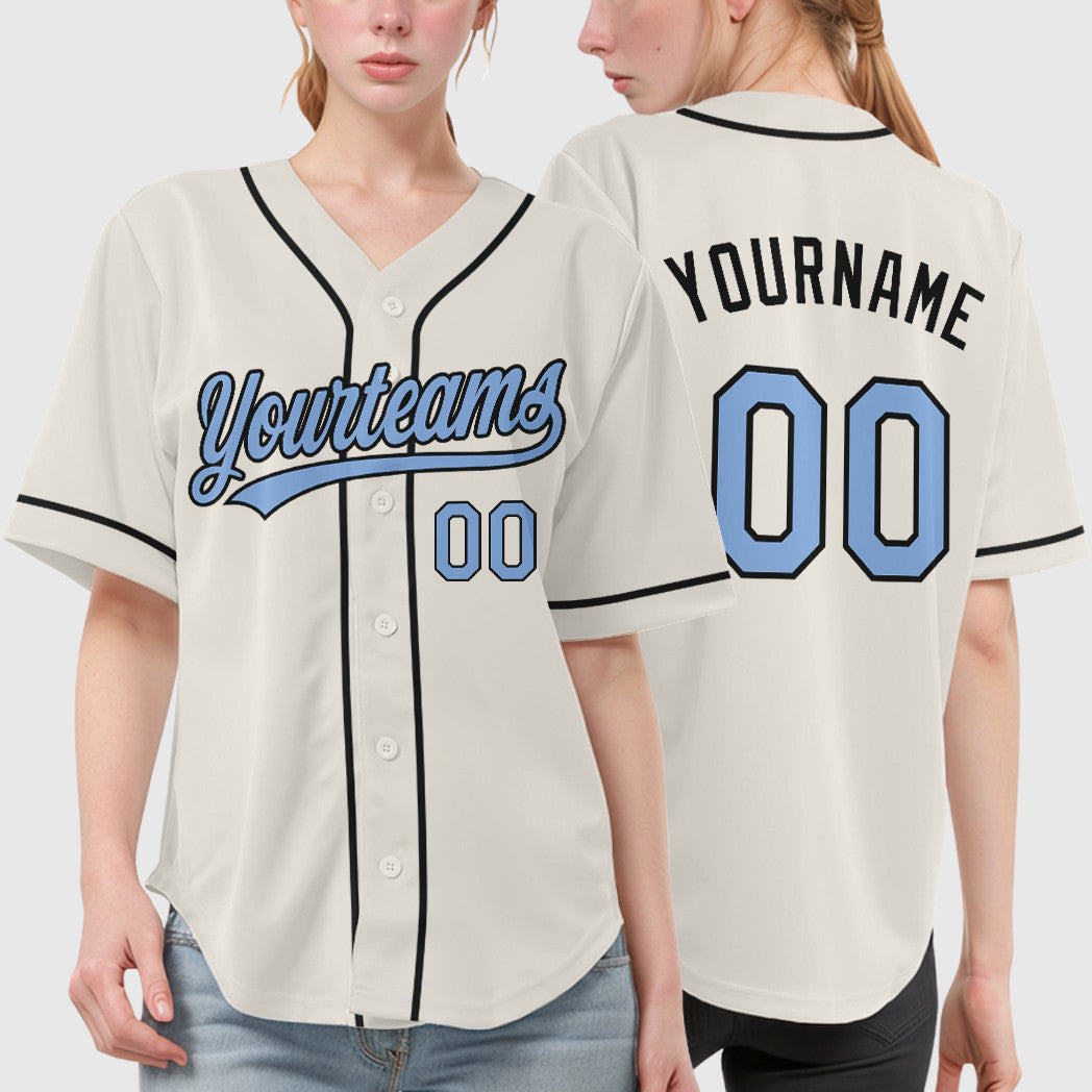 Custom Cream Light Blue Black Sleeve Baseball Jersey