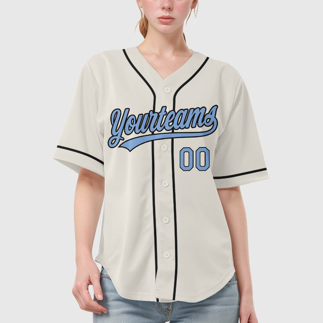 Custom Cream Light Blue Black Sleeve Baseball Jersey