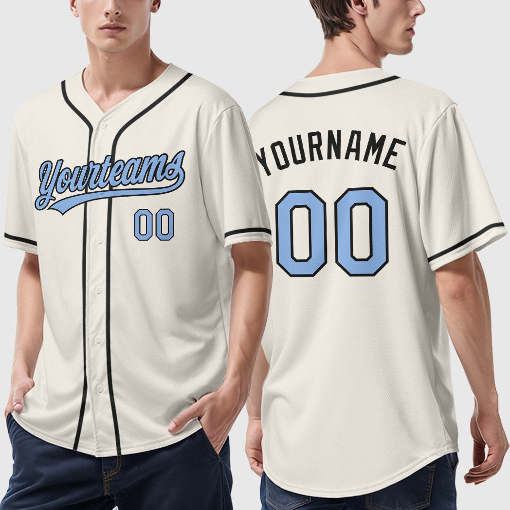 Custom Cream Light Blue Black Sleeve Baseball Jersey
