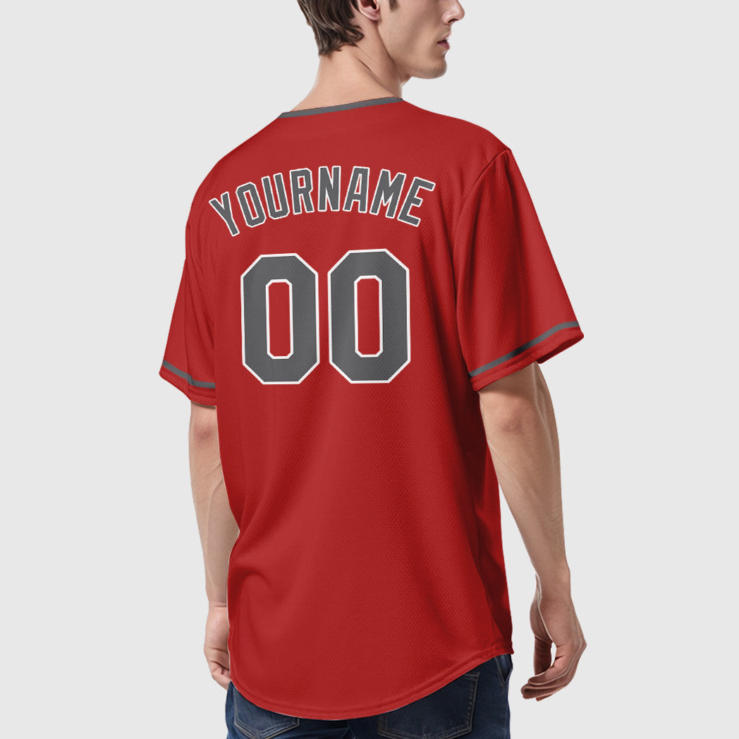 Custom Red White Steel Gray Collar Sleeve Baseball Jersey