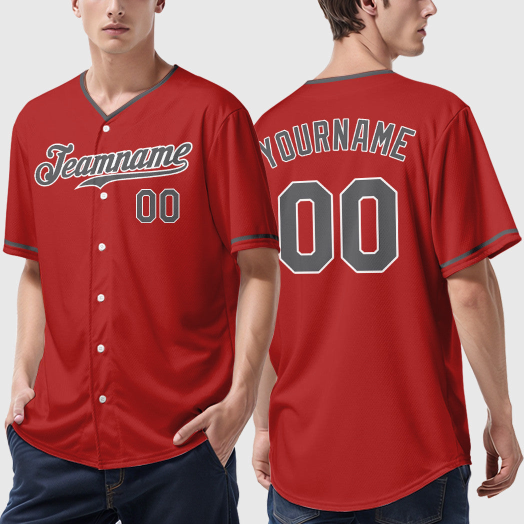 Custom Red White Steel Gray Collar Sleeve Baseball Jersey