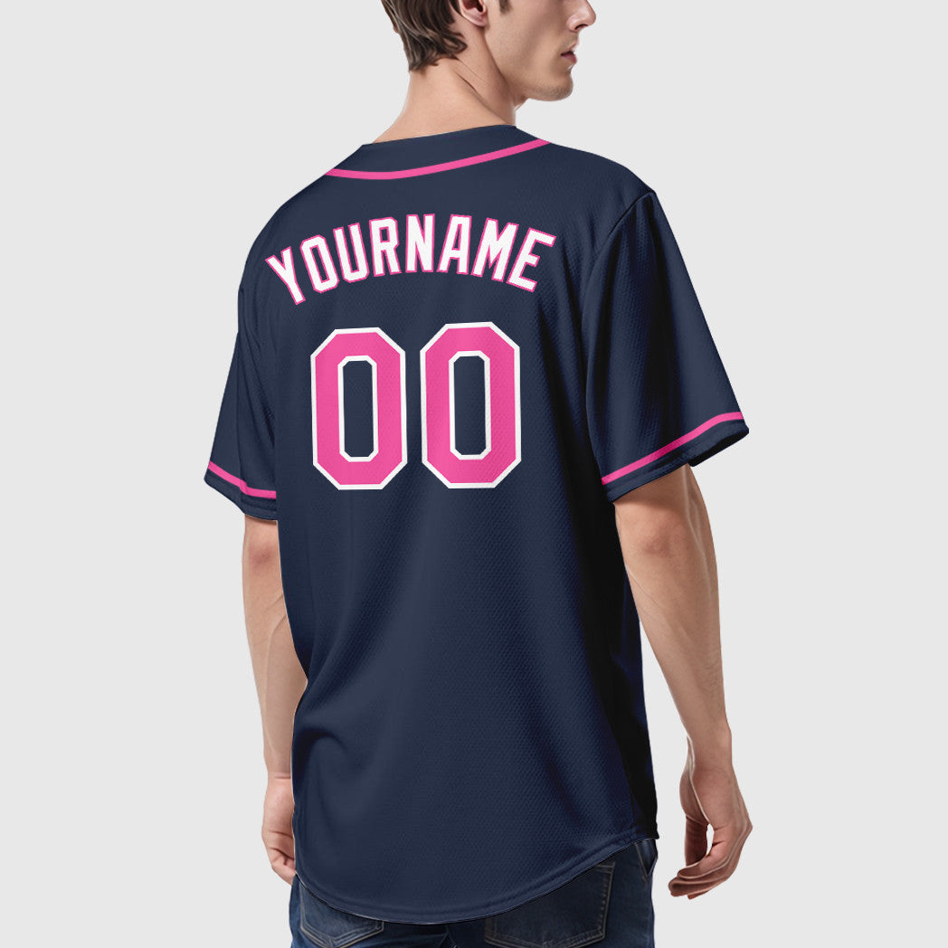 Custom Navy White Pink-White Sleeve Baseball Jersey