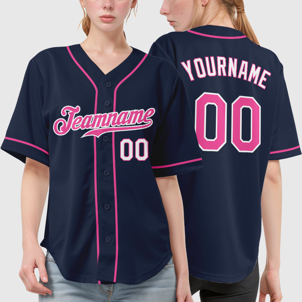Custom Navy White Pink-White Sleeve Baseball Jersey
