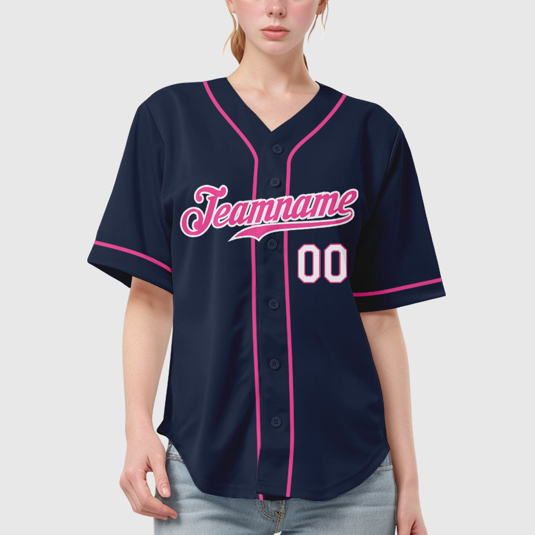 Custom Navy White Pink-White Sleeve Baseball Jersey