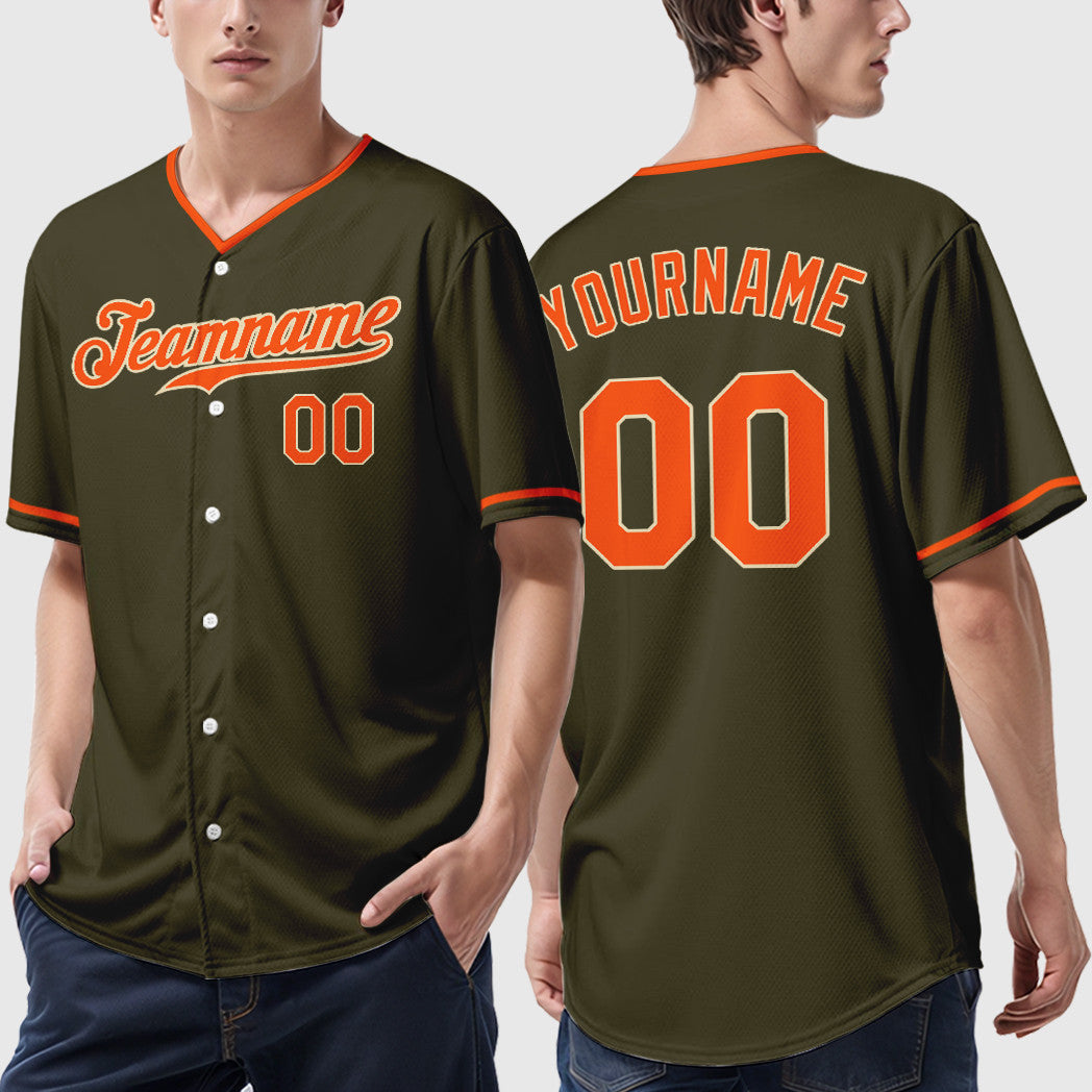 Custom Olive City Cream Orange Collar Sleeve Salute To Service Baseball Jersey