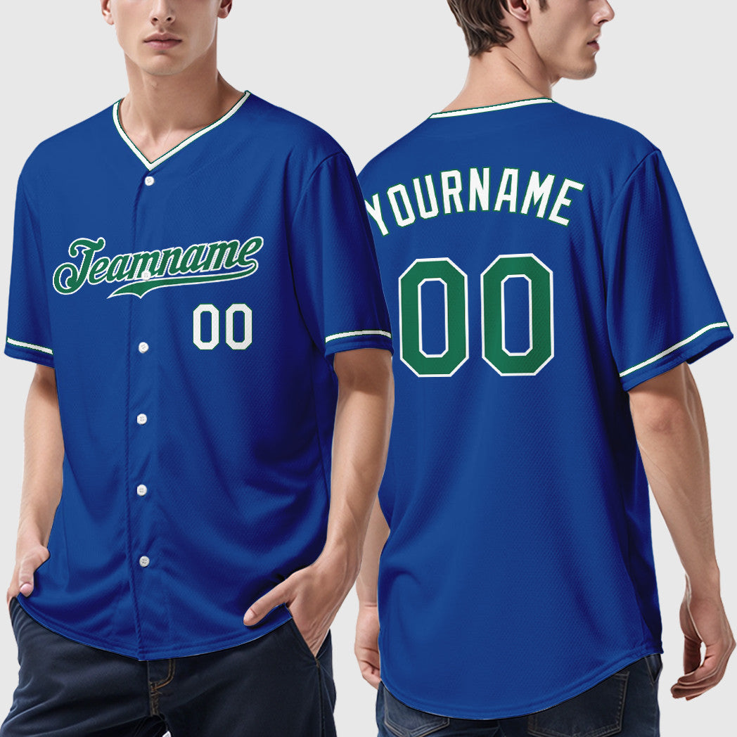 Custom Royal White Kelly Green-White Collar Sleeve Baseball Jersey