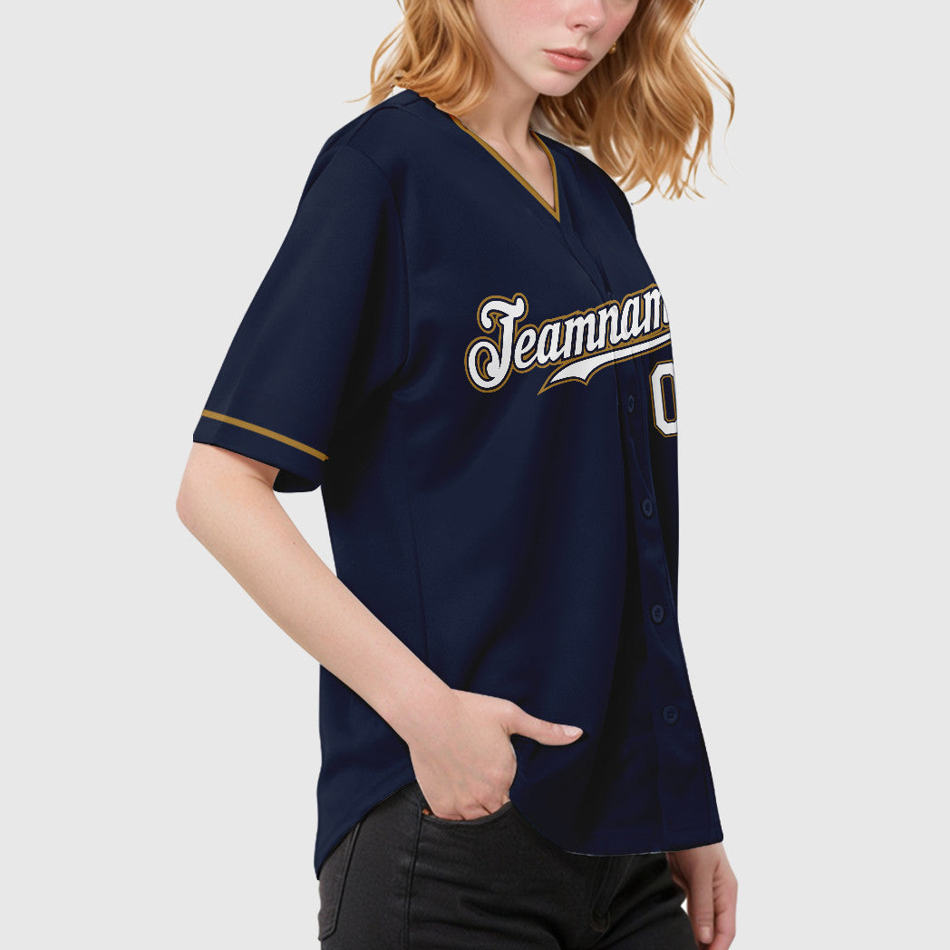 Custom Navy White White-Old Gold Collar Sleeve Baseball Jersey