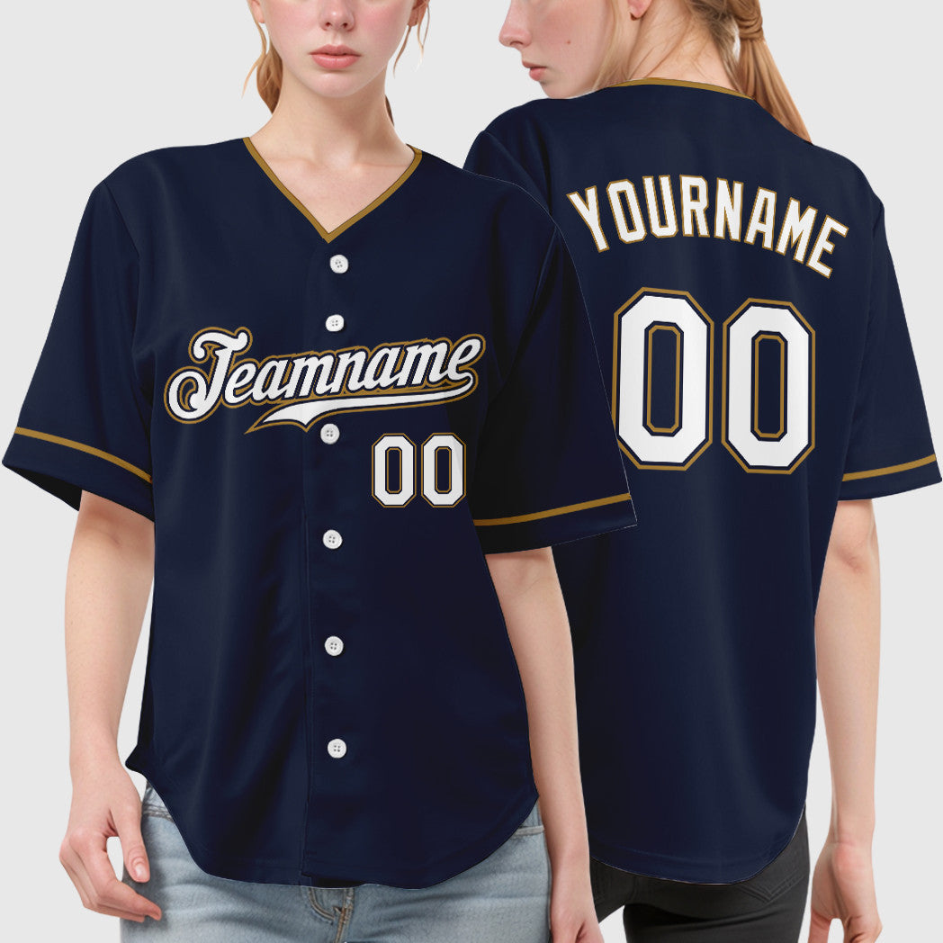 Custom Navy White White-Old Gold Collar Sleeve Baseball Jersey