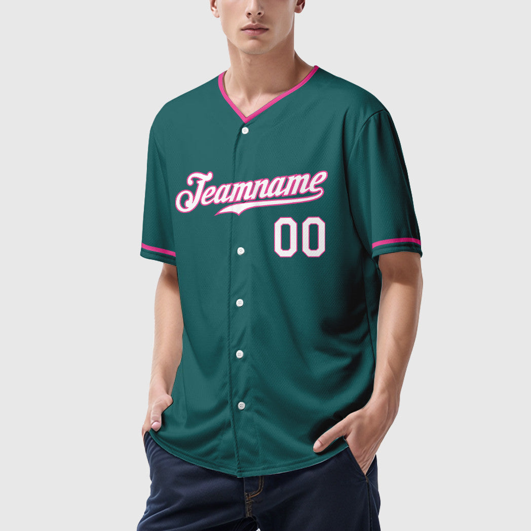 Custom Teal White Pink Collar Sleeve Baseball Jersey