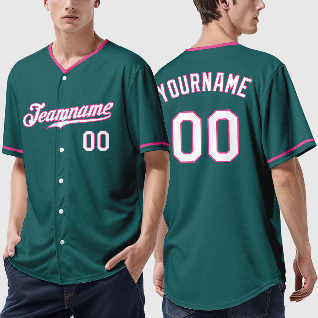 Custom Teal White Pink Collar Sleeve Baseball Jersey