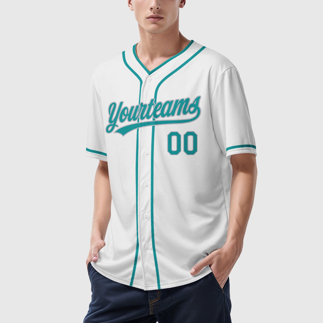 Custom White Teal Gray Piping Baseball Jersey