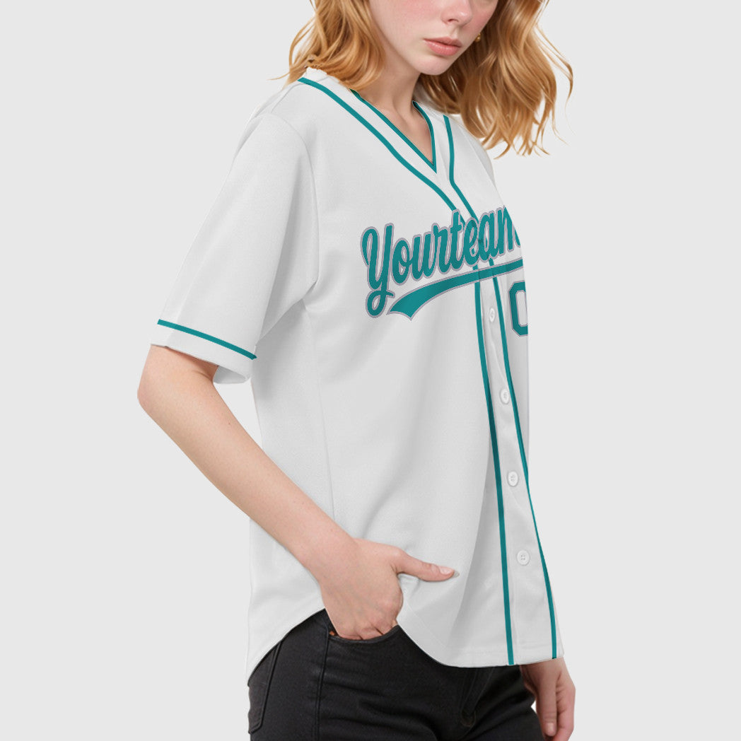 Custom White Teal Gray Piping Baseball Jersey