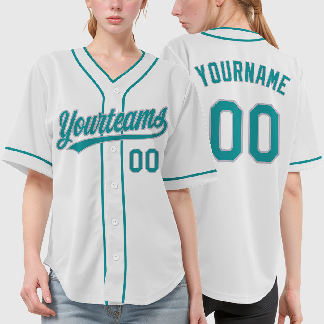 Custom White Teal Gray Piping Baseball Jersey