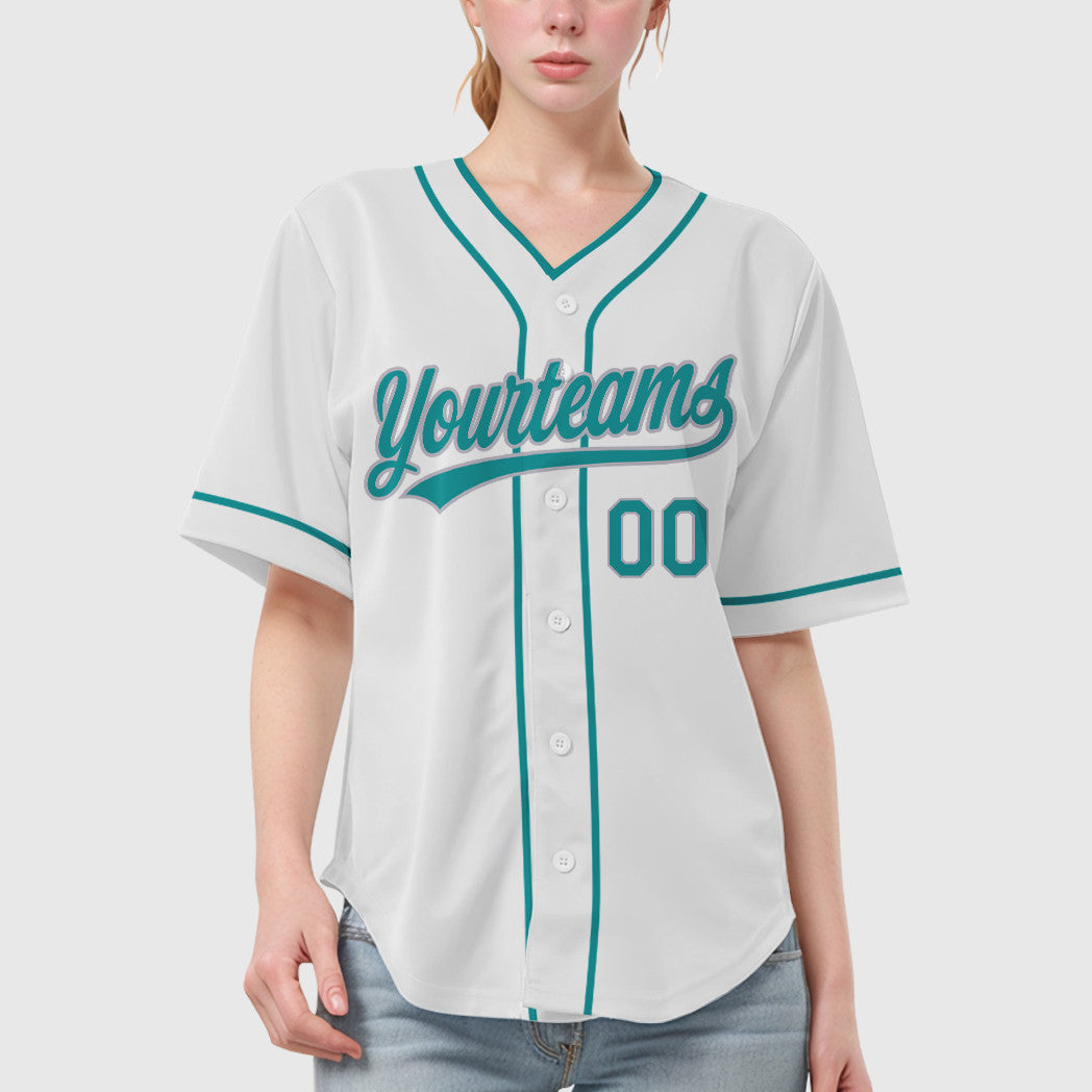 Custom White Teal Gray Piping Baseball Jersey