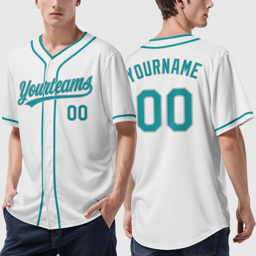 Custom White Teal Gray Piping Baseball Jersey