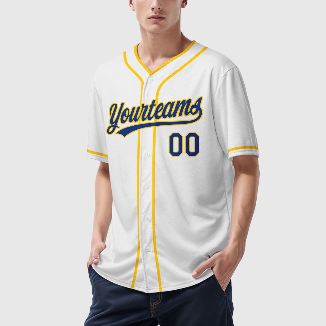 Custom White Royal Royal-Yellow Piping Baseball Jersey