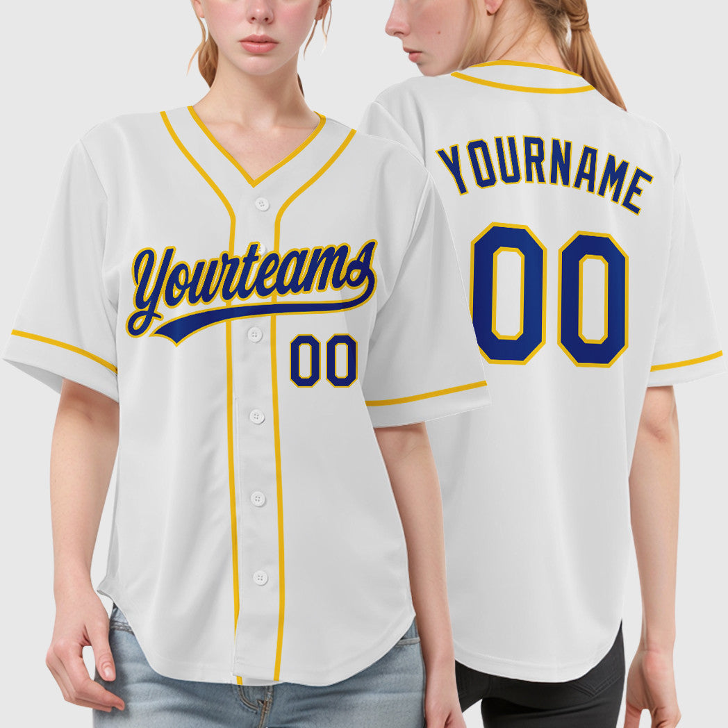Custom White Royal Royal-Yellow Piping Baseball Jersey