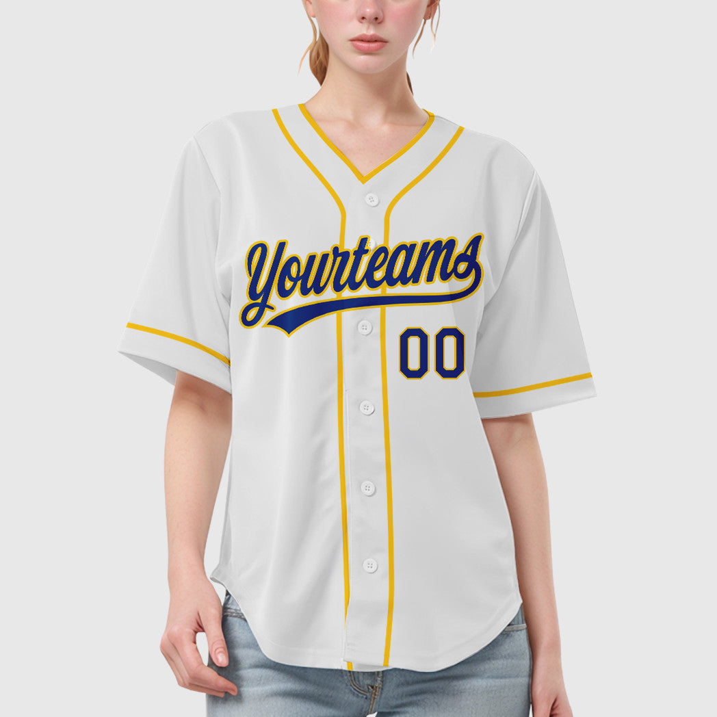 Custom White Royal Royal-Yellow Piping Baseball Jersey