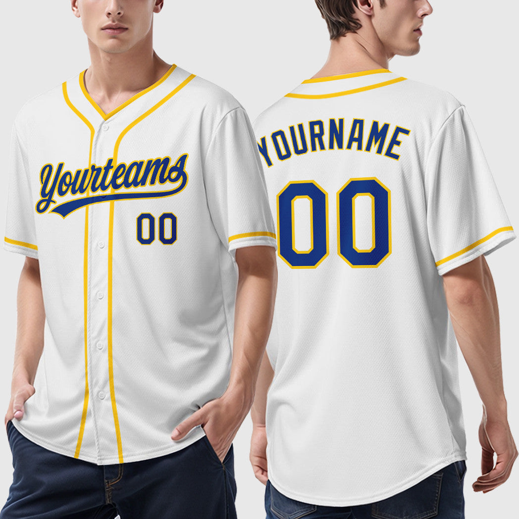 Custom White Royal Royal-Yellow Piping Baseball Jersey