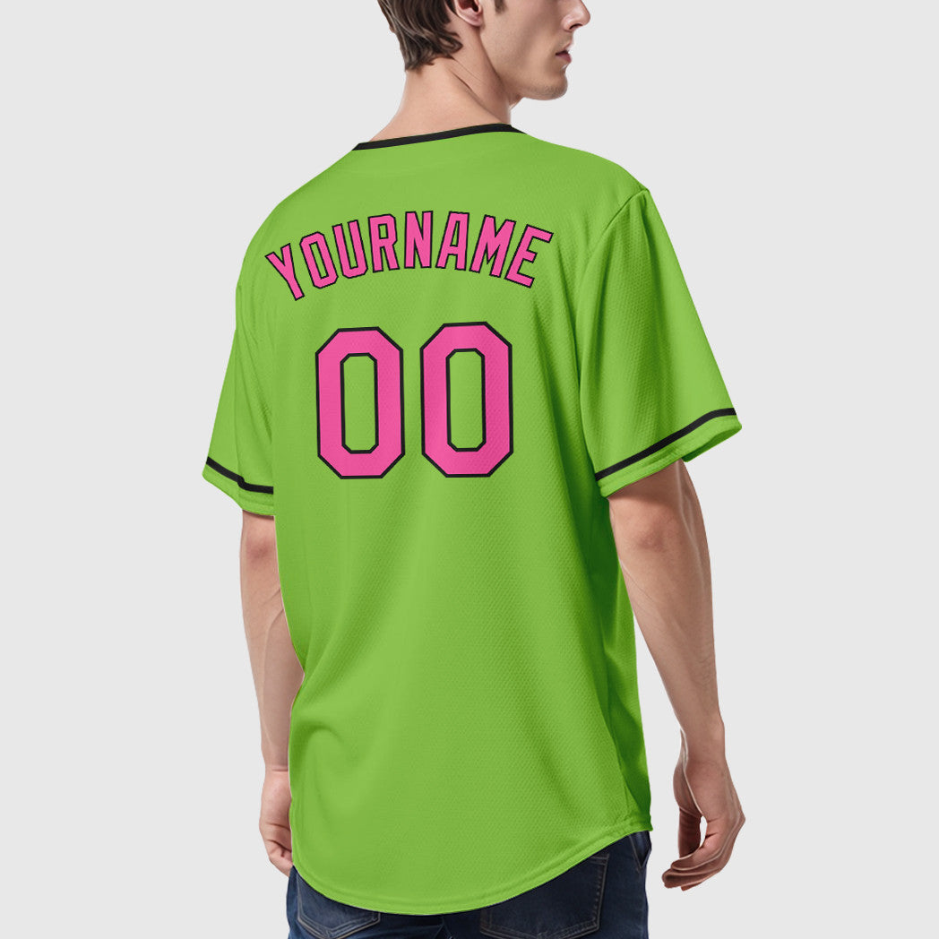 Custom Neon Green Black Pink-Black Collar Sleeve Baseball Jersey