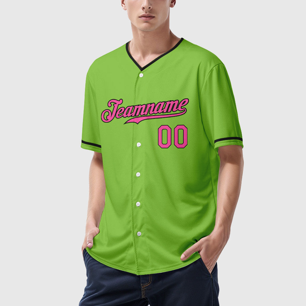 Custom Neon Green Black Pink-Black Collar Sleeve Baseball Jersey