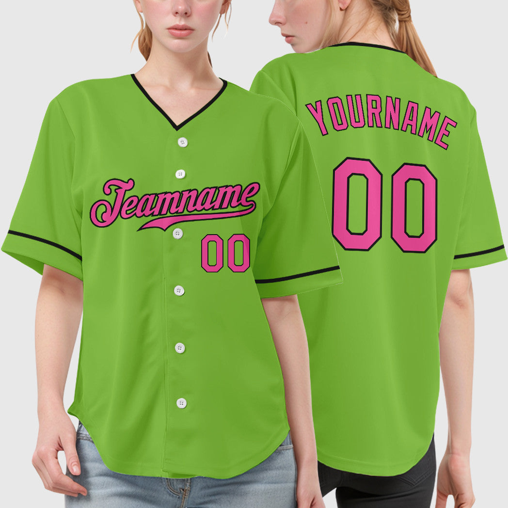Custom Neon Green Black Pink-Black Collar Sleeve Baseball Jersey