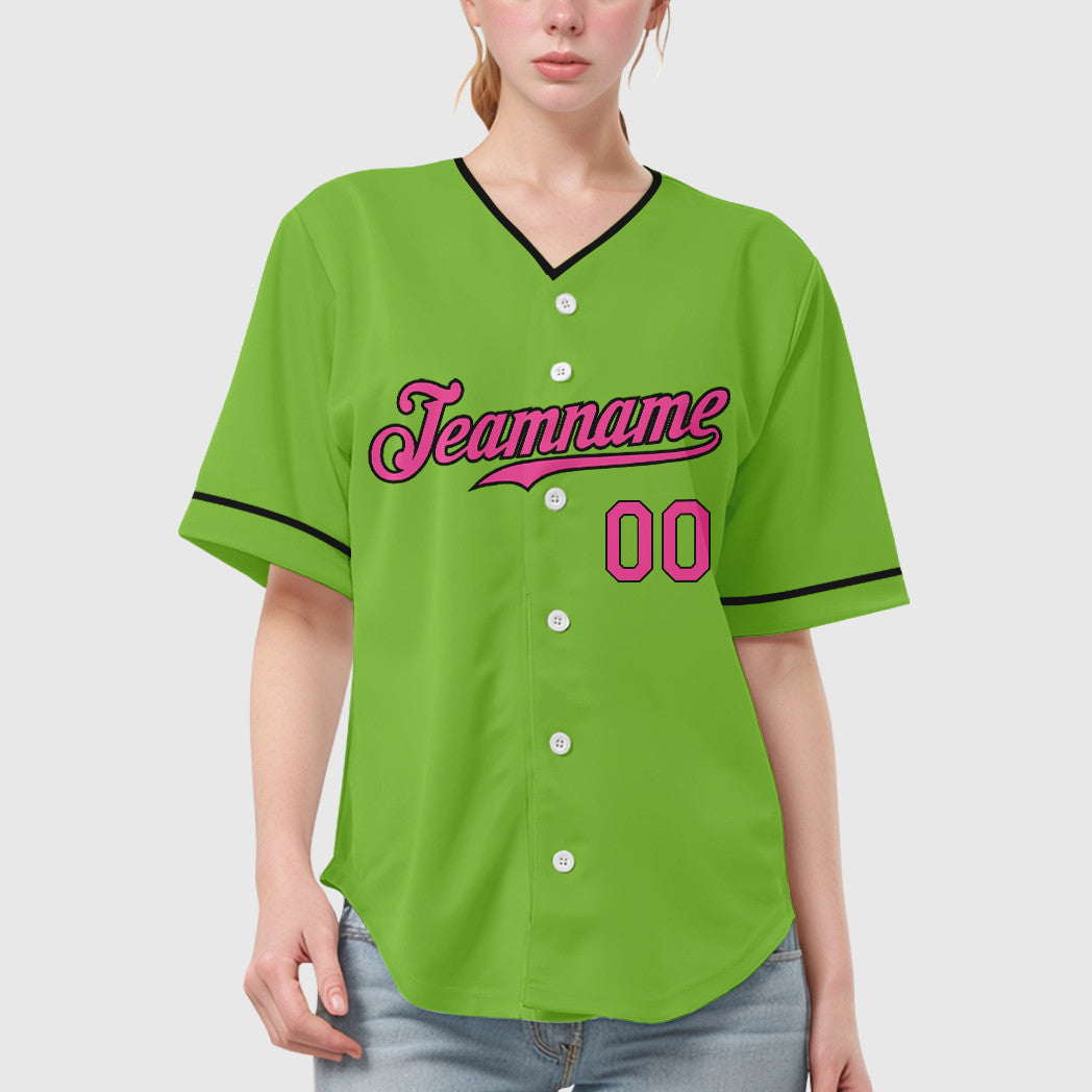 Custom Neon Green Black Pink-Black Collar Sleeve Baseball Jersey
