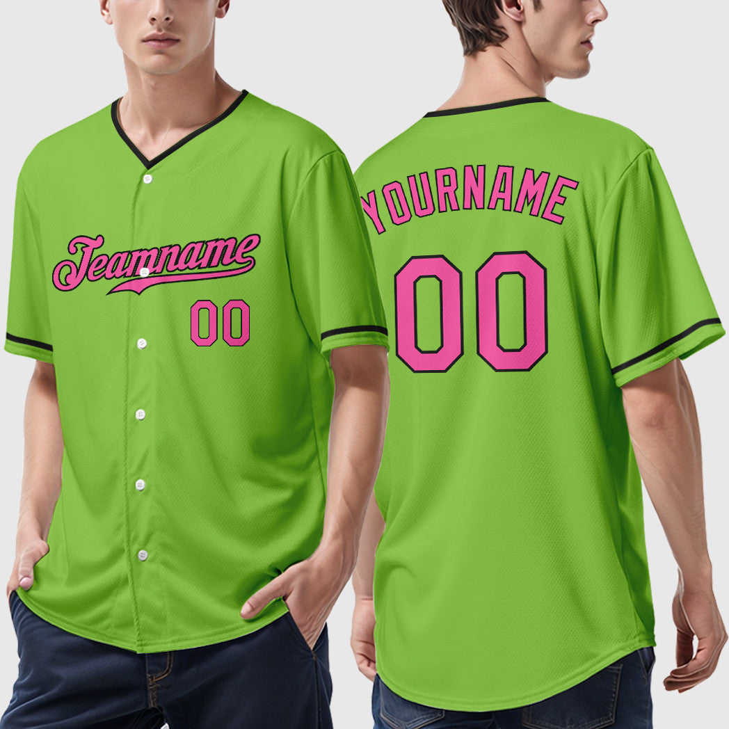 Custom Neon Green Black Pink-Black Collar Sleeve Baseball Jersey