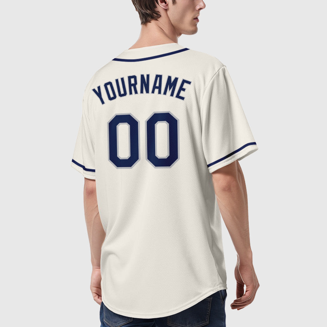 Custom Cream Gray Navy Sleeve Baseball Jersey