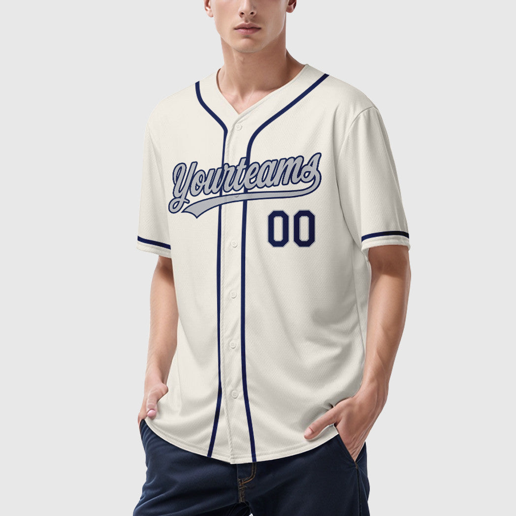 Custom Cream Gray Navy Sleeve Baseball Jersey
